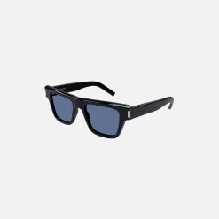 Sale Saint Laurent 469 Bold Flat Top Sunglasses Black Blue Lens