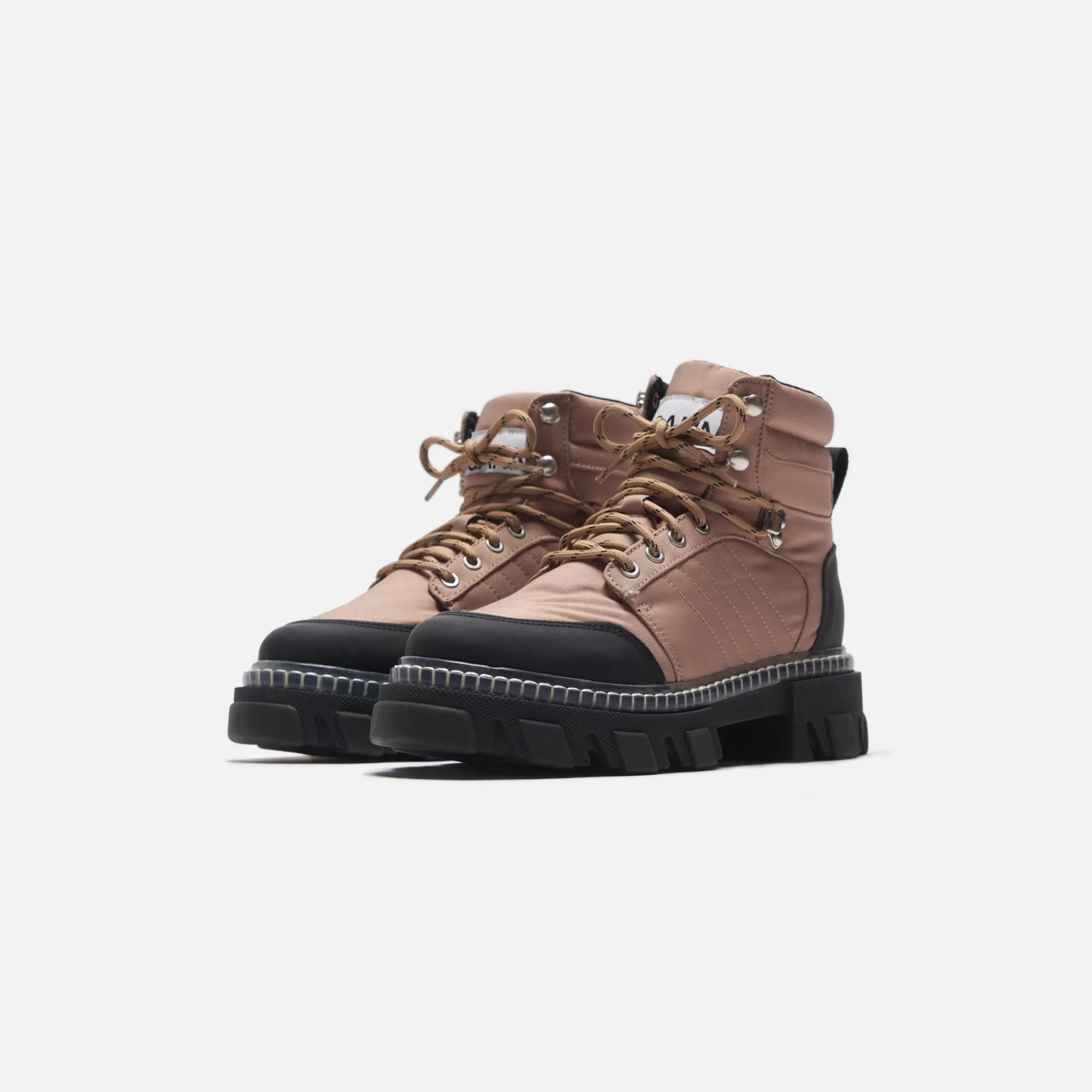 Hot Ganni Cleated Lace Up Hiking Boots Beige / Black