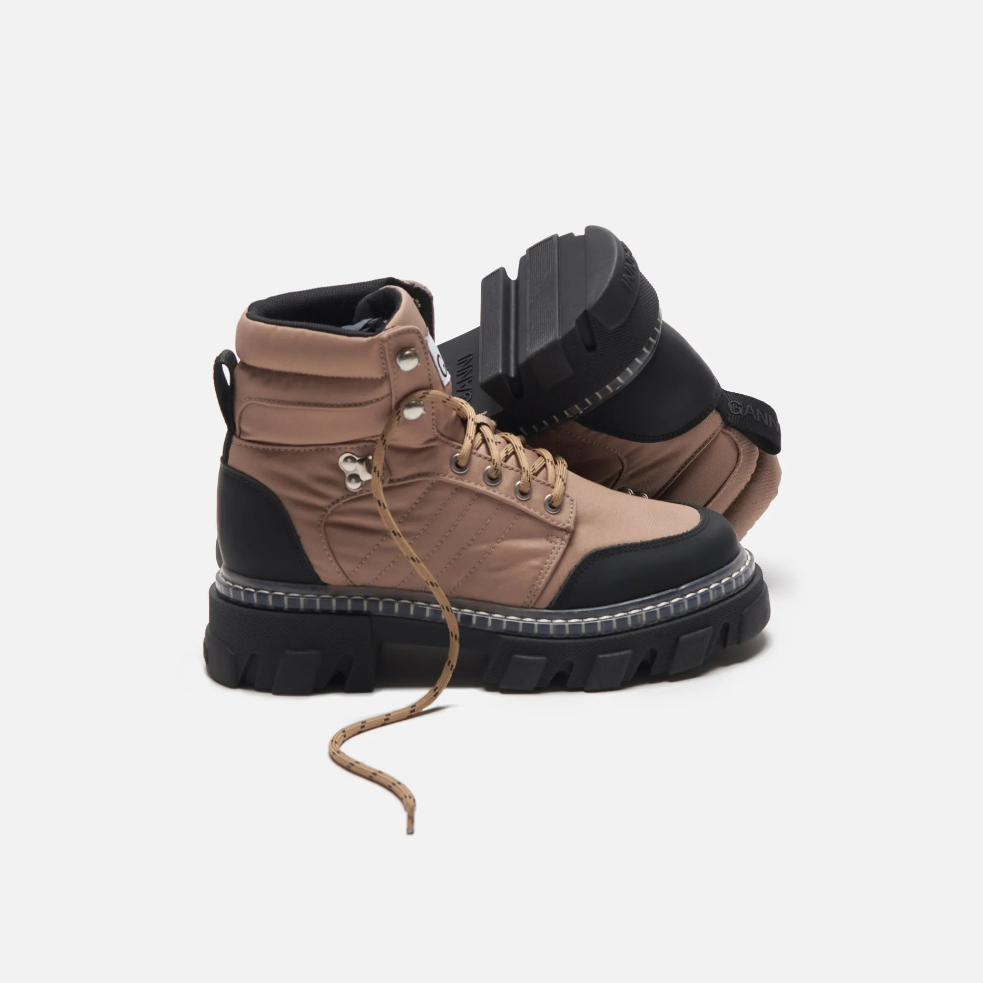 Hot Ganni Cleated Lace Up Hiking Boots Beige / Black
