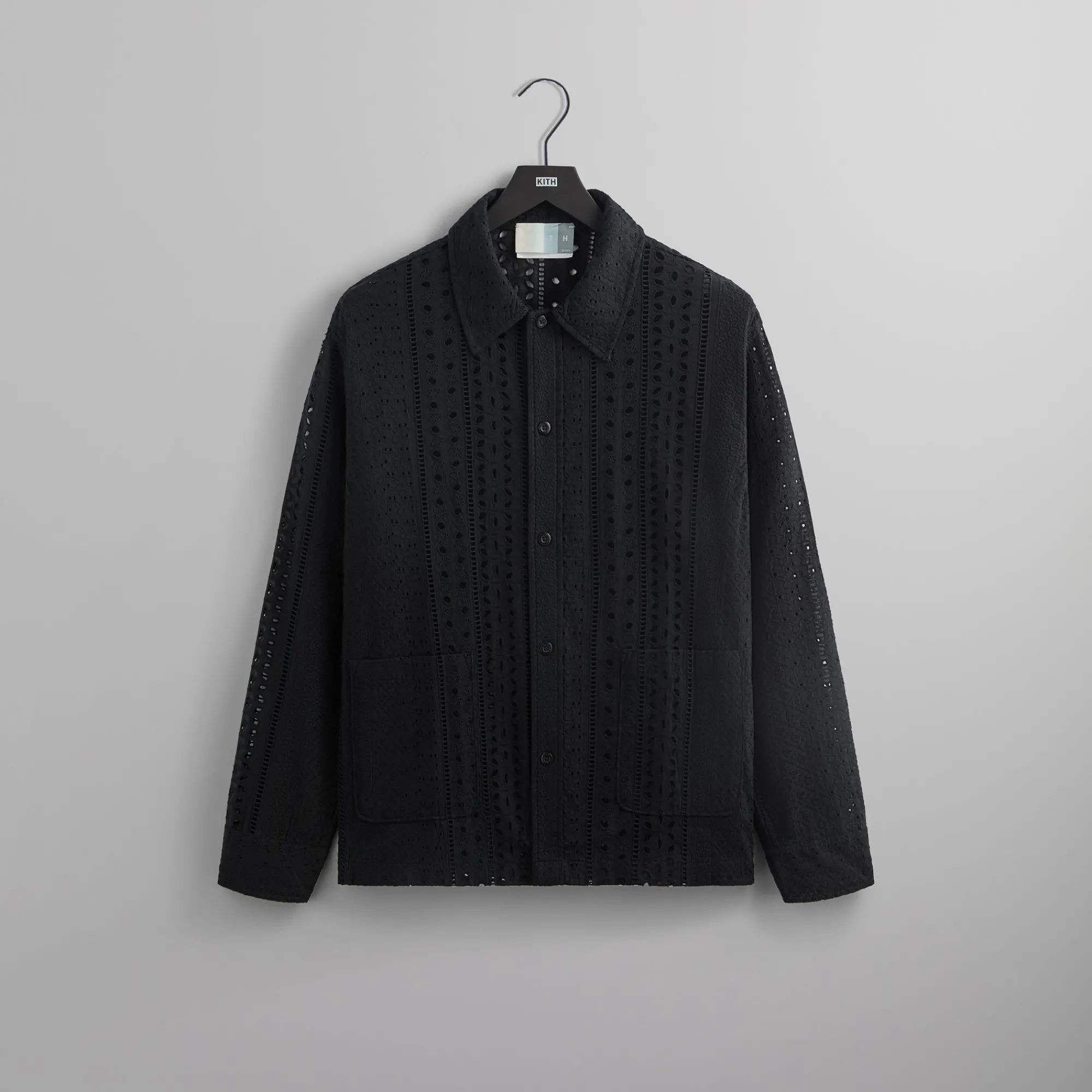 Sale Kith Cotton Eyelet Boxy Collared Overshirt Black