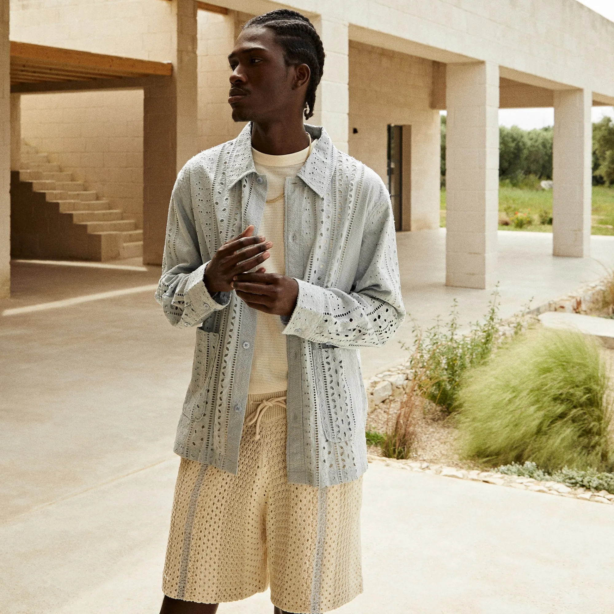 Cheap Kith Cotton Eyelet Boxy Collared Overshirt Light Indigo