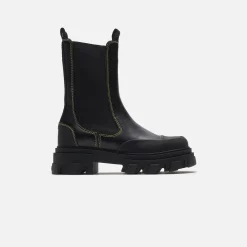 Cheap Ganni Mid Chelsea Yellow Stitch Boot Black