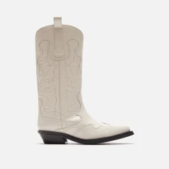 New Ganni Mid Shaft Embroidered Western Boot Egret