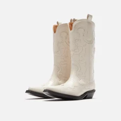 New Ganni Mid Shaft Embroidered Western Boot Egret