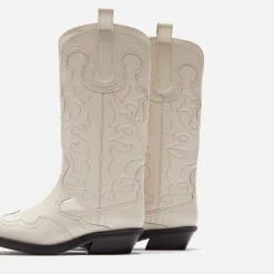 New Ganni Mid Shaft Embroidered Western Boot Egret
