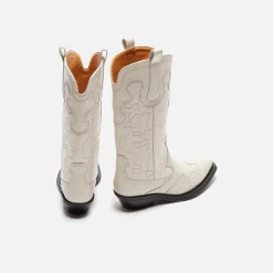 New Ganni Mid Shaft Embroidered Western Boot Egret
