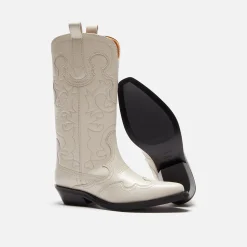 New Ganni Mid Shaft Embroidered Western Boot Egret