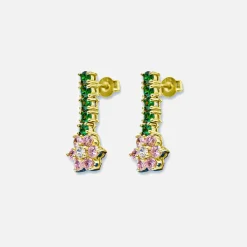 Hot VEERT Pink & Green Flower Earrings Yellow Gold