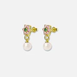 New VEERT Pink & Green Flower Freshwater Pearl Earrings Yellow Gold