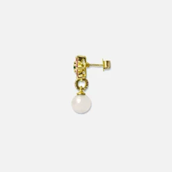 New VEERT Pink & Green Flower Freshwater Pearl Earrings Yellow Gold