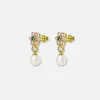 Fashion VEERT Pink & Green Flower Freshwater Pearl Earrings Yellow Gold