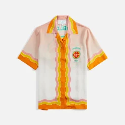 Sale Casablanca Rainbow Monogram Cuban Collar Silk Shirt Pink