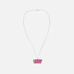 Shop VEERT Retro Logo Pendant With Chain White Gold / Green / Pink
