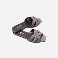 Cheap Saint Laurent Tribute Slide Cuir Maine Gris Apia