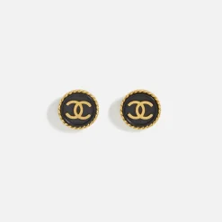 Discount What Goes Around Comes Around Wgaca Chanel Black Rope Edge Cc Earrings Gold / Black