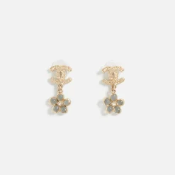 Online What Goes Around Comes Around Wgaca Chanel Crystal Cc Flower Dangle Earrings Gold