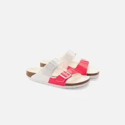Sale Birkenstock Wmns Arizona Split Birko-Flor Patent White / Neon Pink